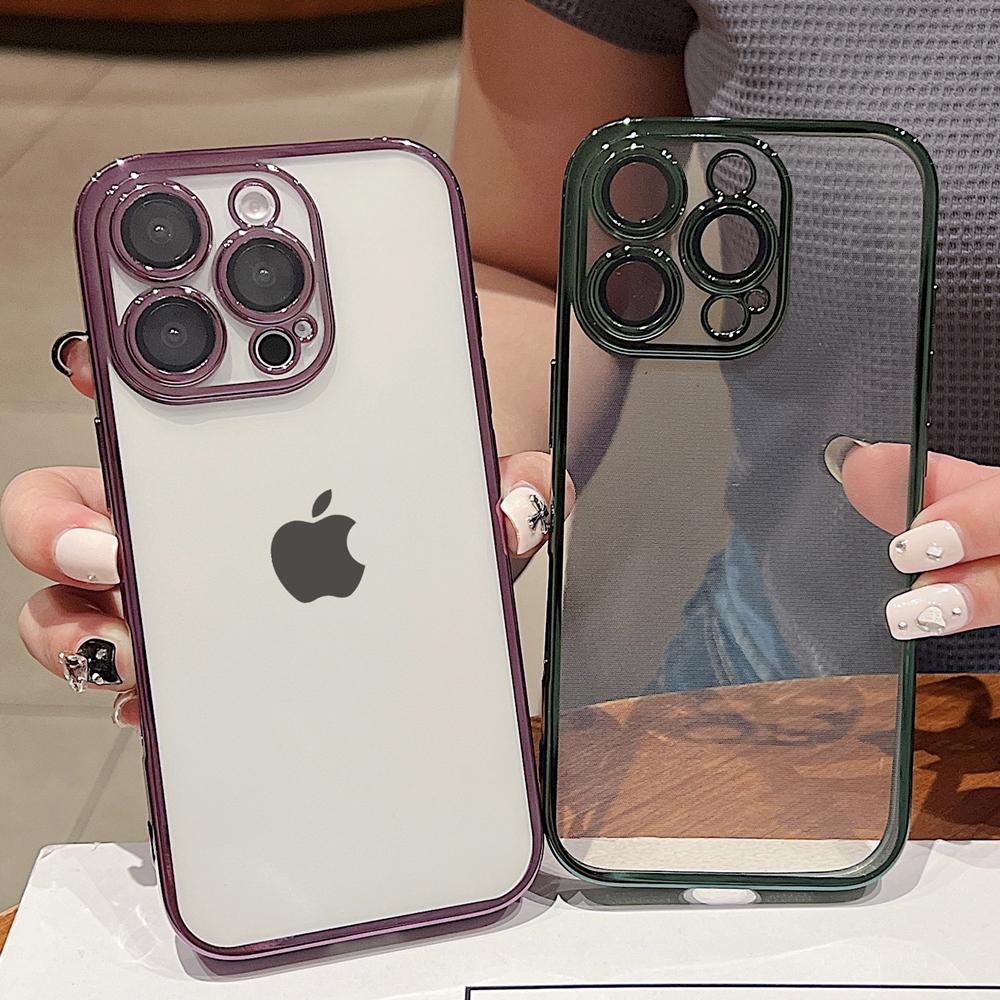 Luxury Transparent Plating Soft Phone Case for iPhone 17 Air 16 15 14 Plus 13 12 Mini 11 Pro Max Back Cover With Lens Protector