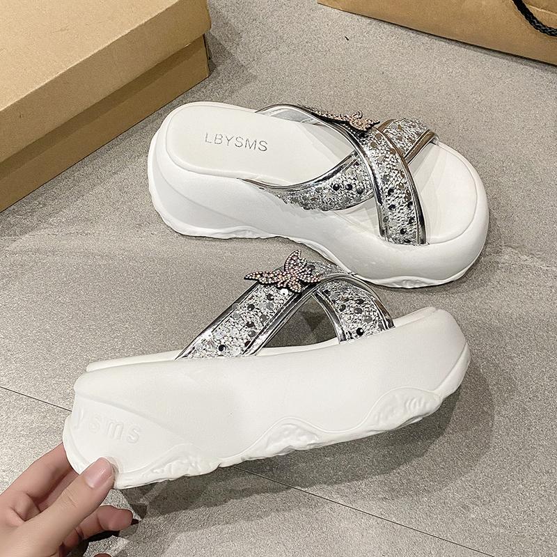 Mode 8CM Damen Klobige Hausschuhe Sommer Hohe Plateau Keile Blingbling Schuhe Frau Strand Flip Flops Dicke Sohle Sandalias Mujer