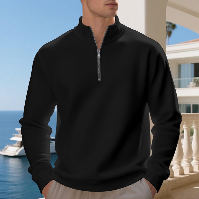 Pulôver Plus Size de Outono/Inverno com Forro de Lã e Meio Zíper, Cor Lisa, Moletom Casual para Homens