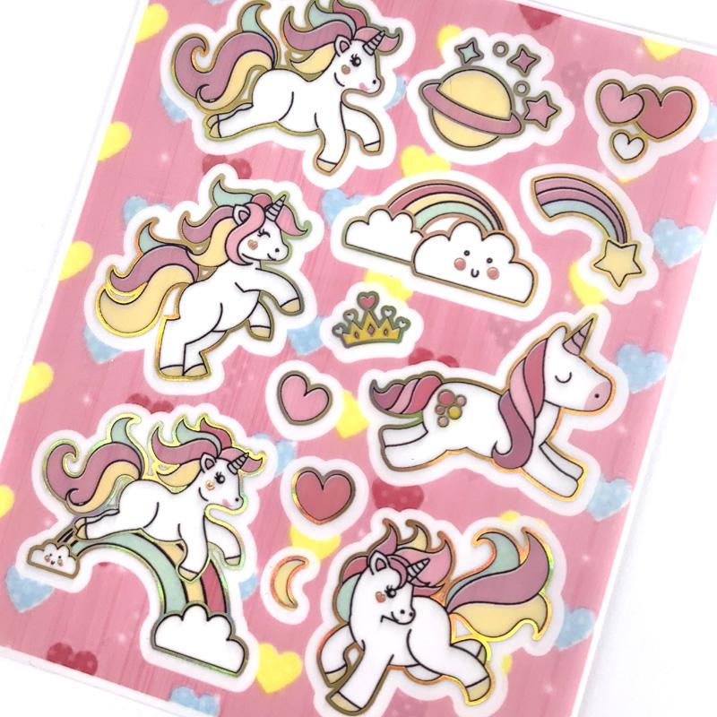 8 Sheets/Set Cartoon Kawaii Unicorn Hot Stamping Shiny PVC Transparent Stickers for Kids Scrapbook Handbook Decoration