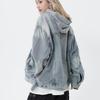 Women's Washed Vintage Hooded Denim Sweatshirt Teenager Long Sleeve Loose Pullover Top
