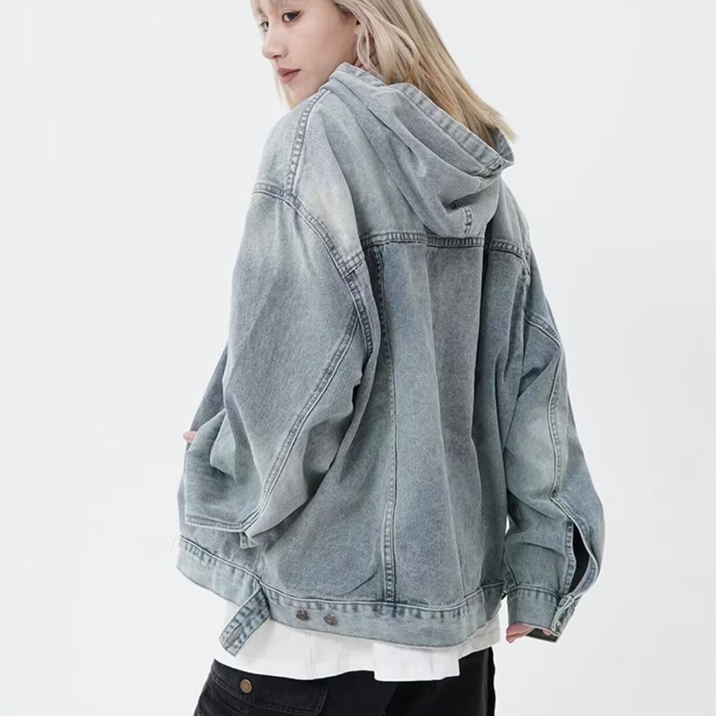 Women's Washed Vintage Hooded Denim Sweatshirt Teenager Long Sleeve Loose Pullover Top