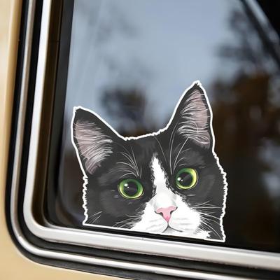 Conjunto de 2 Adesivos de Carro de Gato Curioso Preto e Branco 5,5"x5,1" Design de Desenho Animado À Prova d'Água
