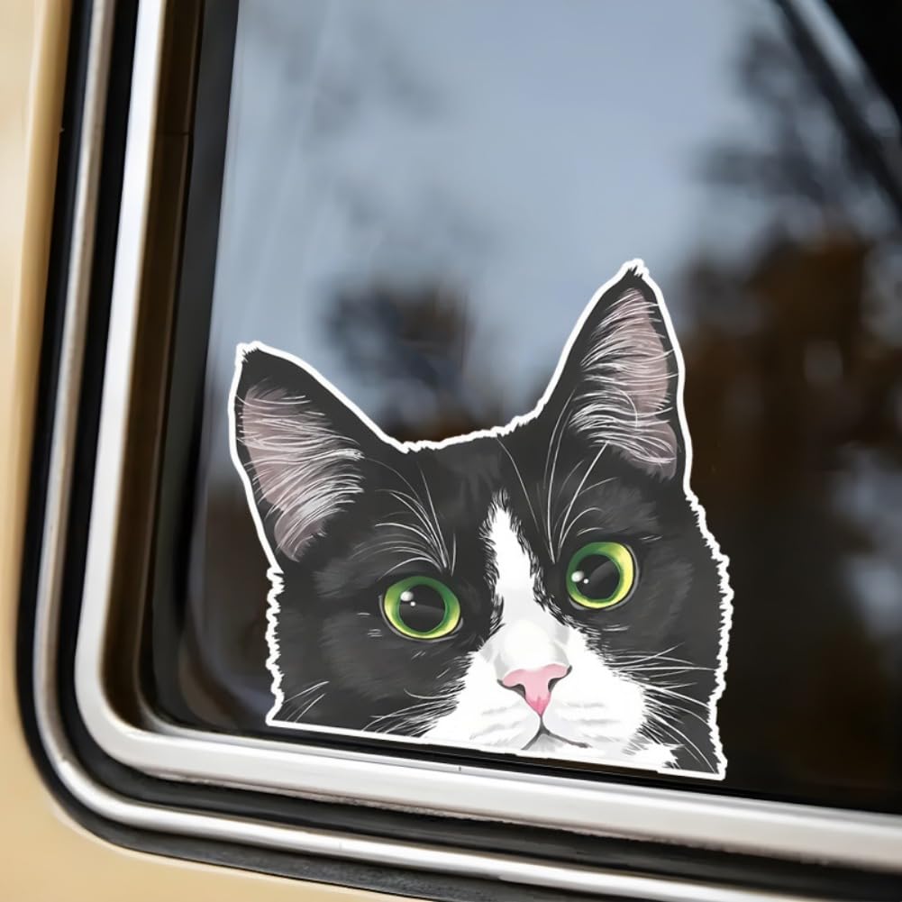 Set of 2 Black and White Curious Cat Car Stickers 5.5"x5.1" Cartoon Design Waterproof