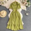 Abito camicia midi vintage da donna, estivo, a collo alto, a maniche corte, a vita alta, sottile, a trapezio, Robe Femme