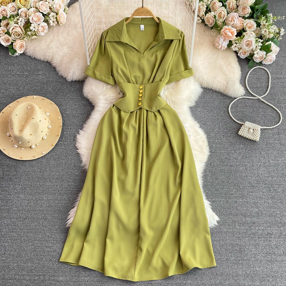 Abito camicia midi vintage da donna, estivo, a collo alto, a maniche corte, a vita alta, sottile, a trapezio, Robe Femme