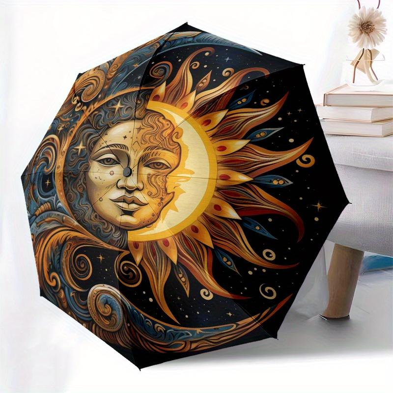 Automatic Open/Close Umbrella - Elegant Sun & Moon Mandala Design with Golden Sun, Moon, Stars - Compact Travel Umbrella for W