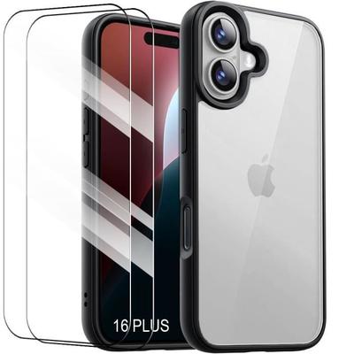Hülle und 2 gehärtete Gläser für iPhone 16 Plus - Stoßfester Schutz Transparente Hartrückseite + Schwarzer TPU-Rand