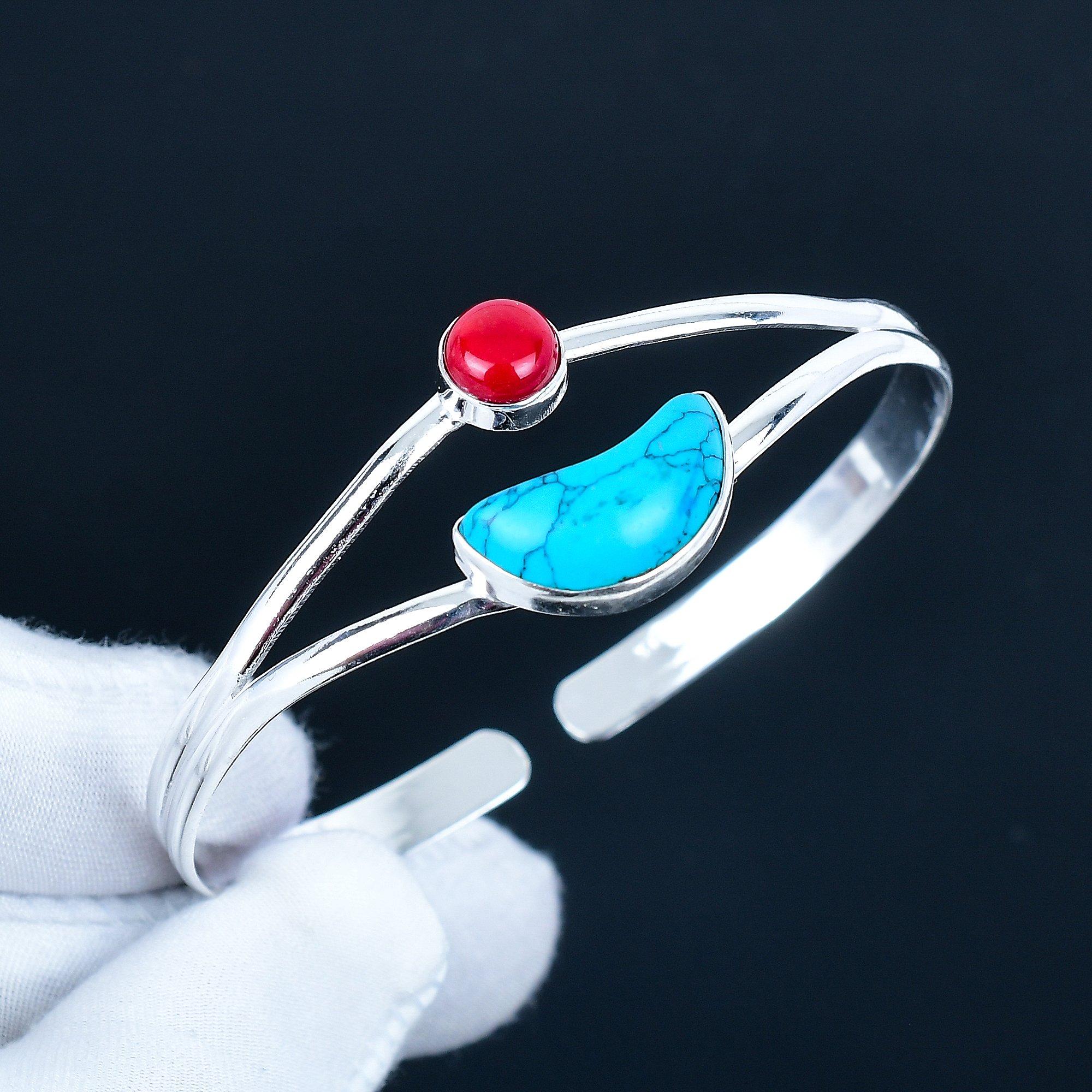 

Бирюзовый драгоценный камень Ручная работа Манжета-браслет 925 стерлинговое серебро Манжета-браслет, Браслет с красным кораллом для жены, Унисекс браслет, Подарок для вечеринки 7 синий