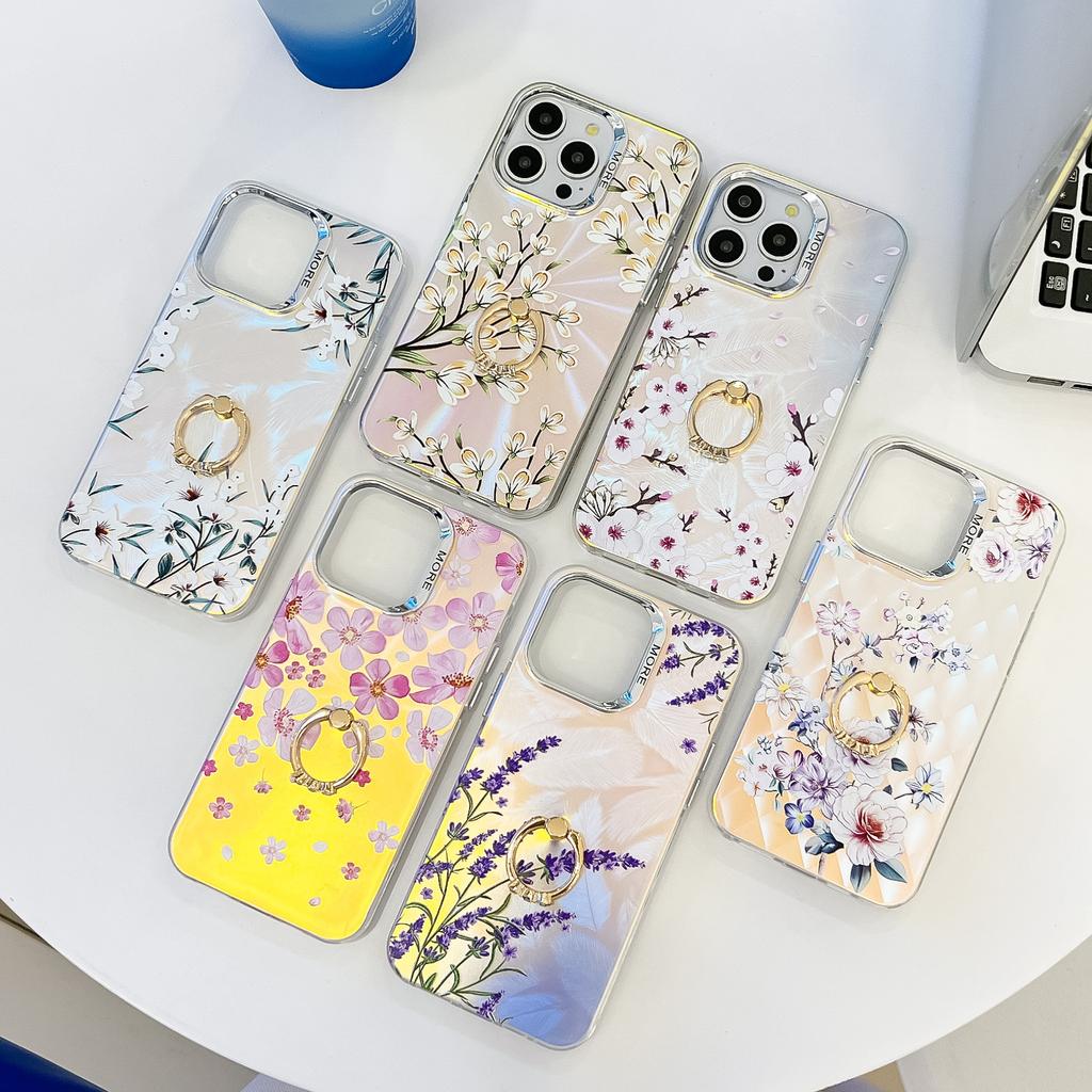 iphone16ProMax Mobile Phone Case Is Suitable for Apple 15 Ring Bracket Electroplated Laser Flower Protective Cover