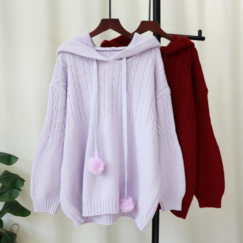 Hooded soft waxy knitted sweater top autumn and winter new loose milk fufu lazy wind sweater pullover woman