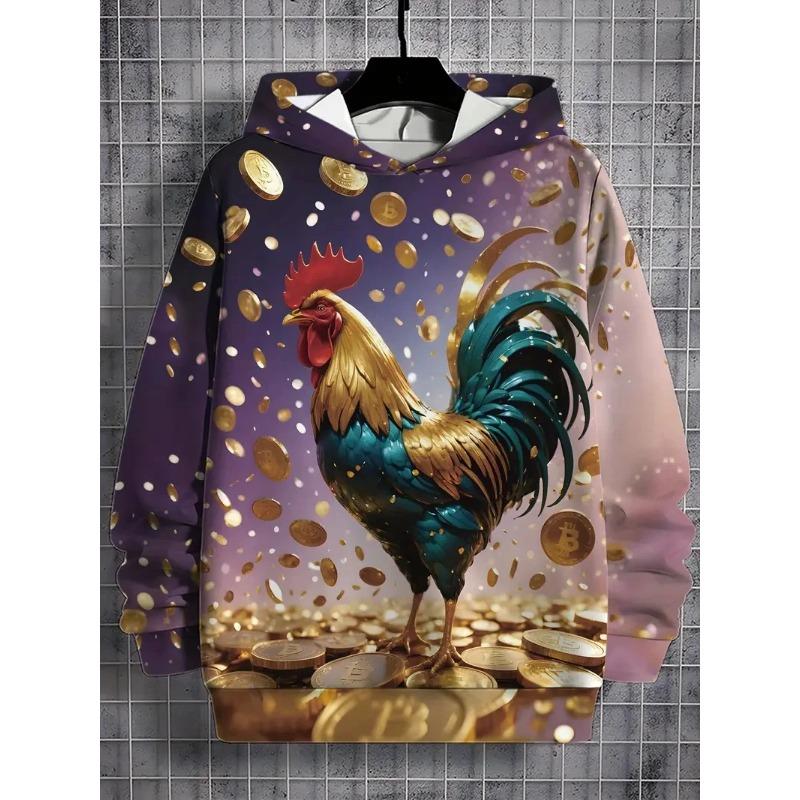 Autumn 3D Rooster Graphic Printed Hoodies Fashionable Casual Sports Pocket Long Sleeved Men's Hooded Sweatshirts
