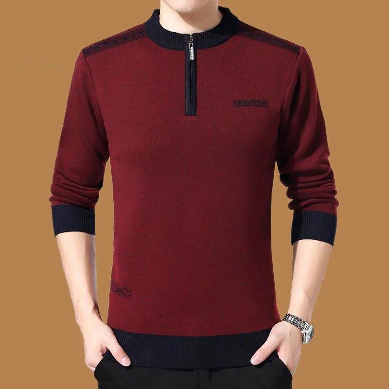 Men's Crew Neck Sweater Autumn Winter Plus Velvet Thick Warmth Pullover Knitted Striped Half Zipper Bottoming Shirt Middle-aged and Elderly Underwear