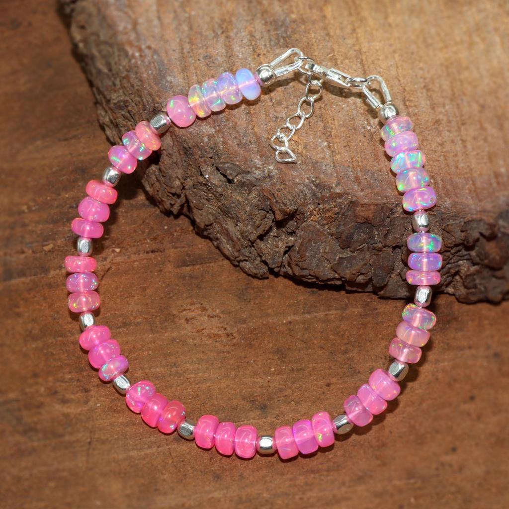 Pink Ethiopian Opal Bracelet, 18K Gold Filled, Dainty Beaded Jewelry
