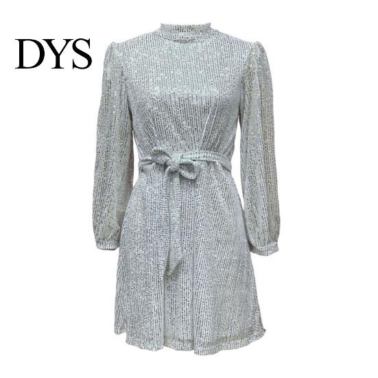 Solid Sequin Dress for Women Sequined Lace Up O-neck Long Sleeve Short Color Center of Attention Spring Autumn with Waist Tie Parties Weddings