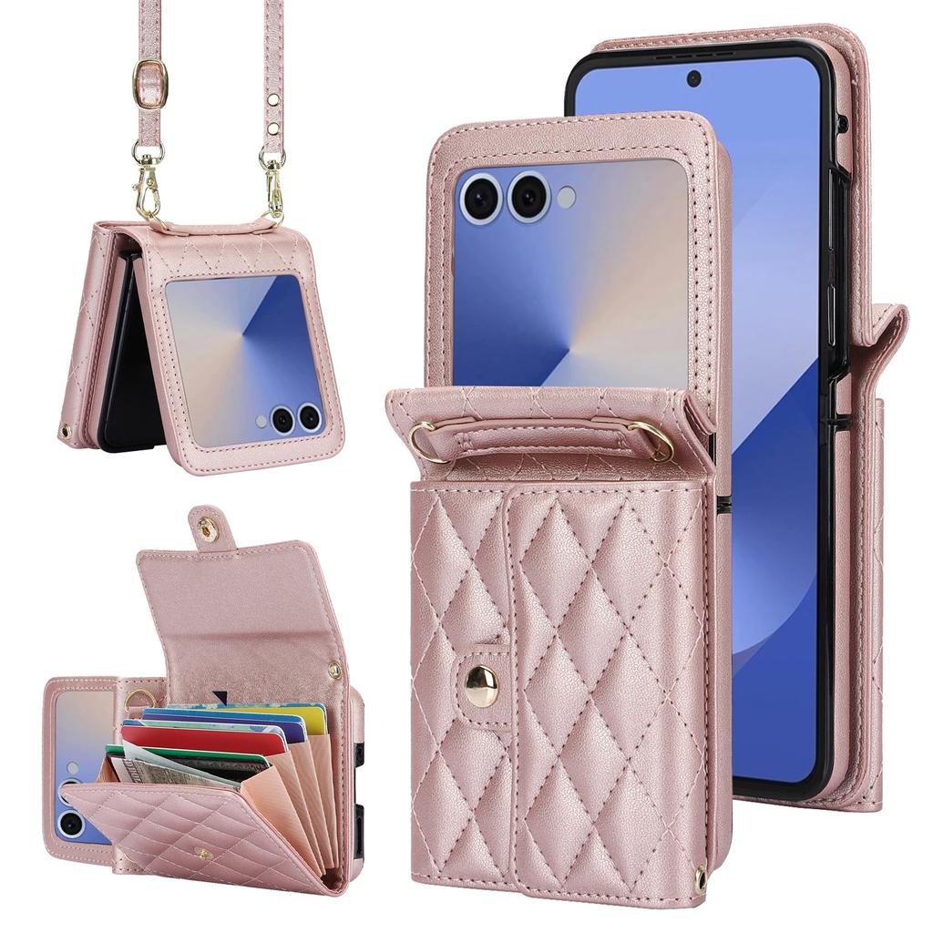 Leather Wallet Crossbody Phone Case for Samsung Galaxy Z Flip 7 fe 6 5 4 3 Flip7 RFID Blocking Card Holder Lanyard Purse Cover