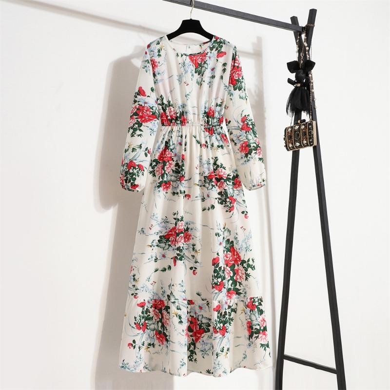 Fashion Long Sleeve Floral Printed Chiffon Dress Women Elegant Loose A-line Casual Long Dress Female High Waist Ruffled Office Lady Dress 1030