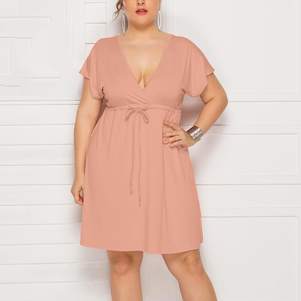 Women's Casual High Waist Belly Concealing V-Neck Drawstring Plus Size Dress