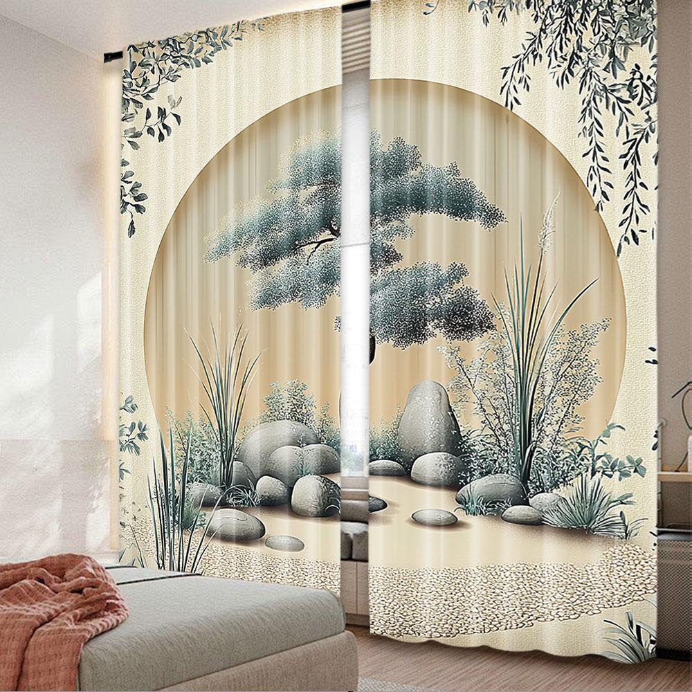 

2 шт. Занавески «Спокойствие», вдохновленные японским садом, камни, волнующийся песок, дерево, мягкая акварель, подходят для гостиной и спальни 29x65in(75x166cm)