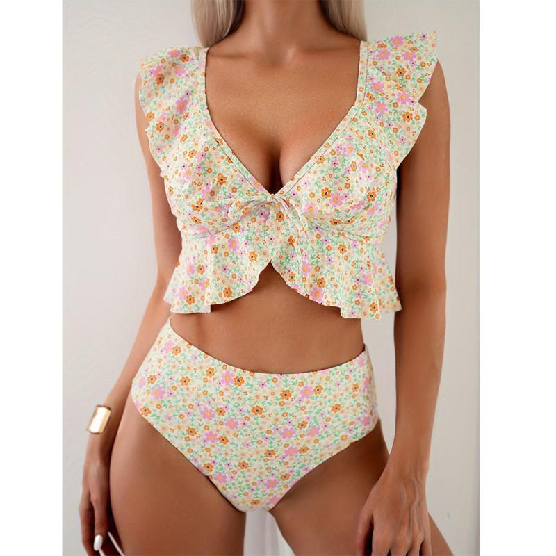 

Seaside Floral Split Swimsuit Women With Deep V Quick-dry Bikini Premium European M