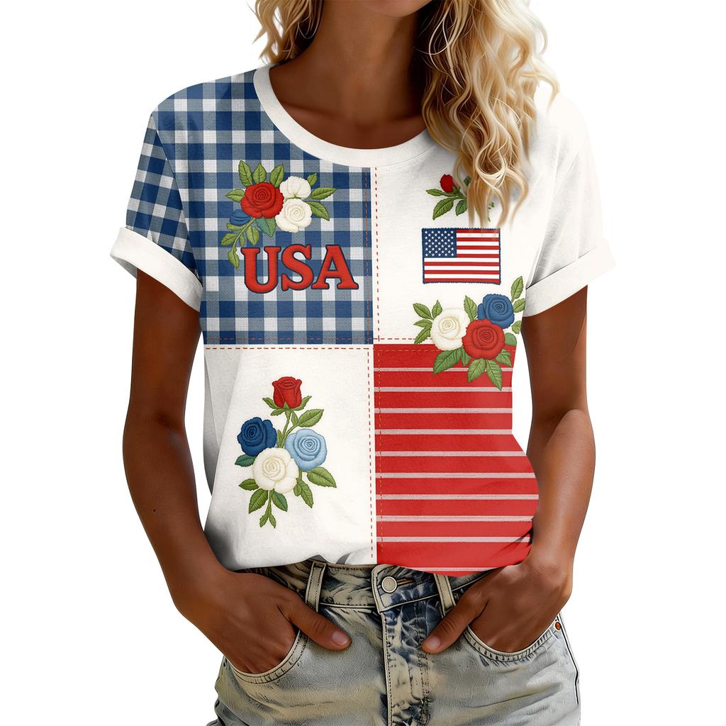 Women's American Floral Patchwork Print Casual T-Shirt 250Th Anniversary USA Shirt Patriotic Tshirt