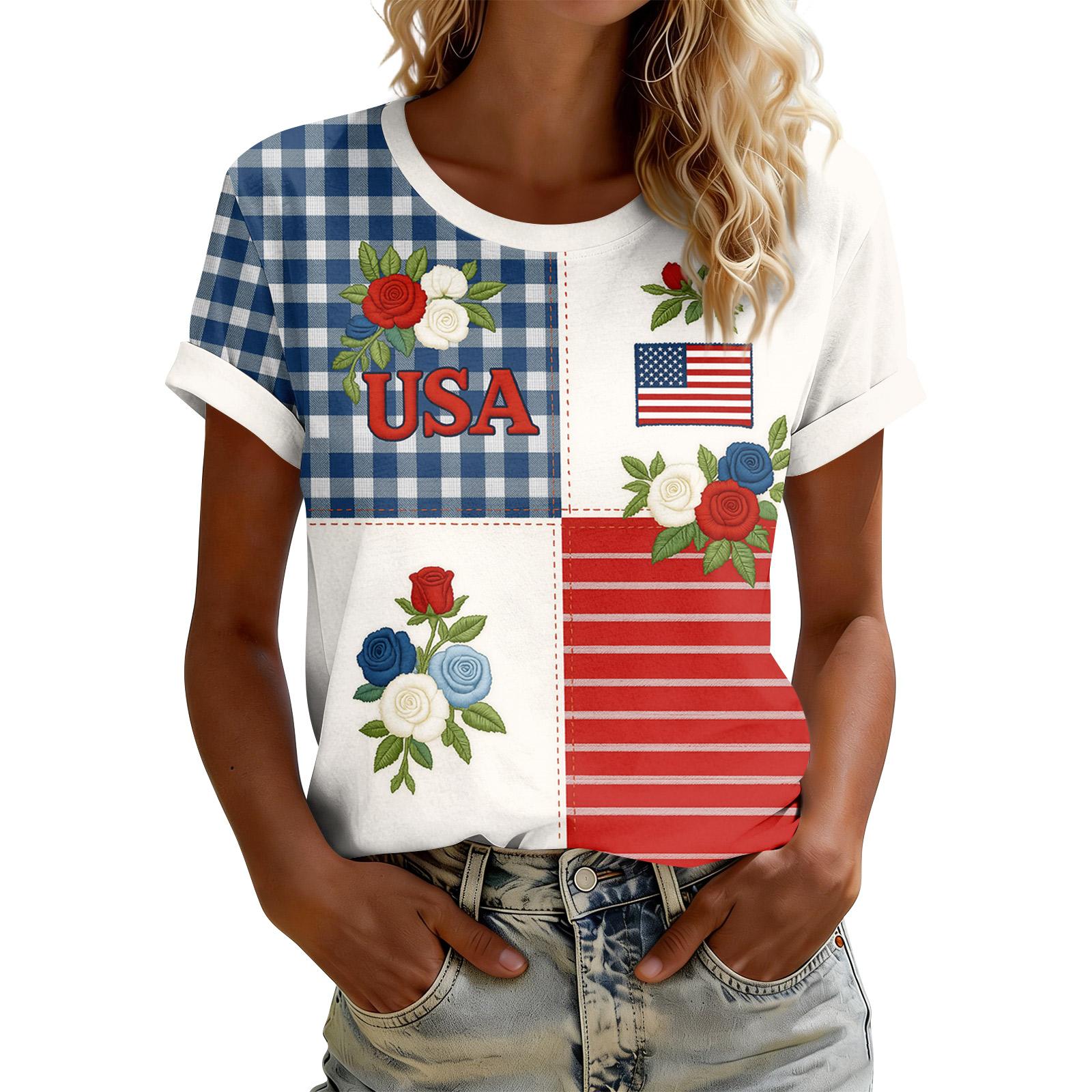 

Women’s Short Sleeve Crew Neck T Shirt with Flag Pattern Plaid and Floral Print Casual Loose Fit Top for Summer Daily Wear XXL киноварь
