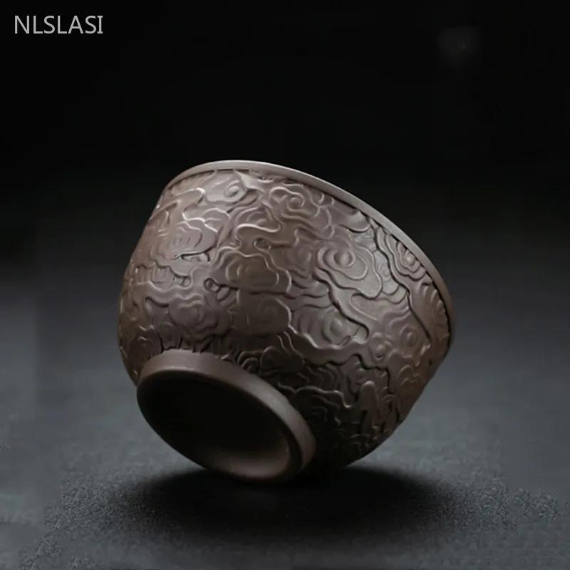 2pcs/80ml Yixing Purple Clay Tea Cup Handmade Relief Tea Cup Set Custom Beauty Master Cup Home Zen Tea Accessories