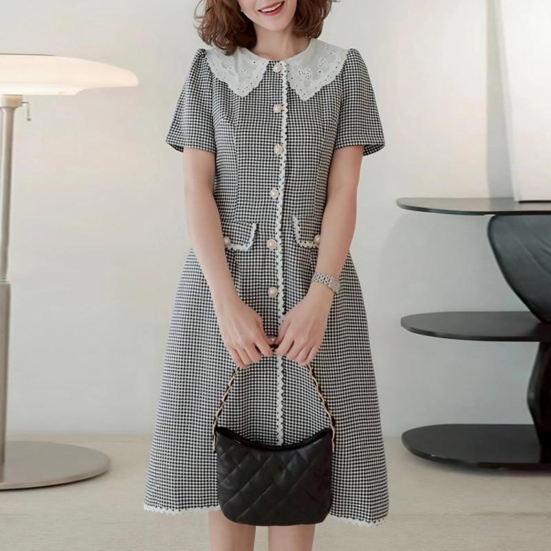ZANZEA Women Casual Lace Splice Doll Collar Short Sleeve Plaid Print Dress