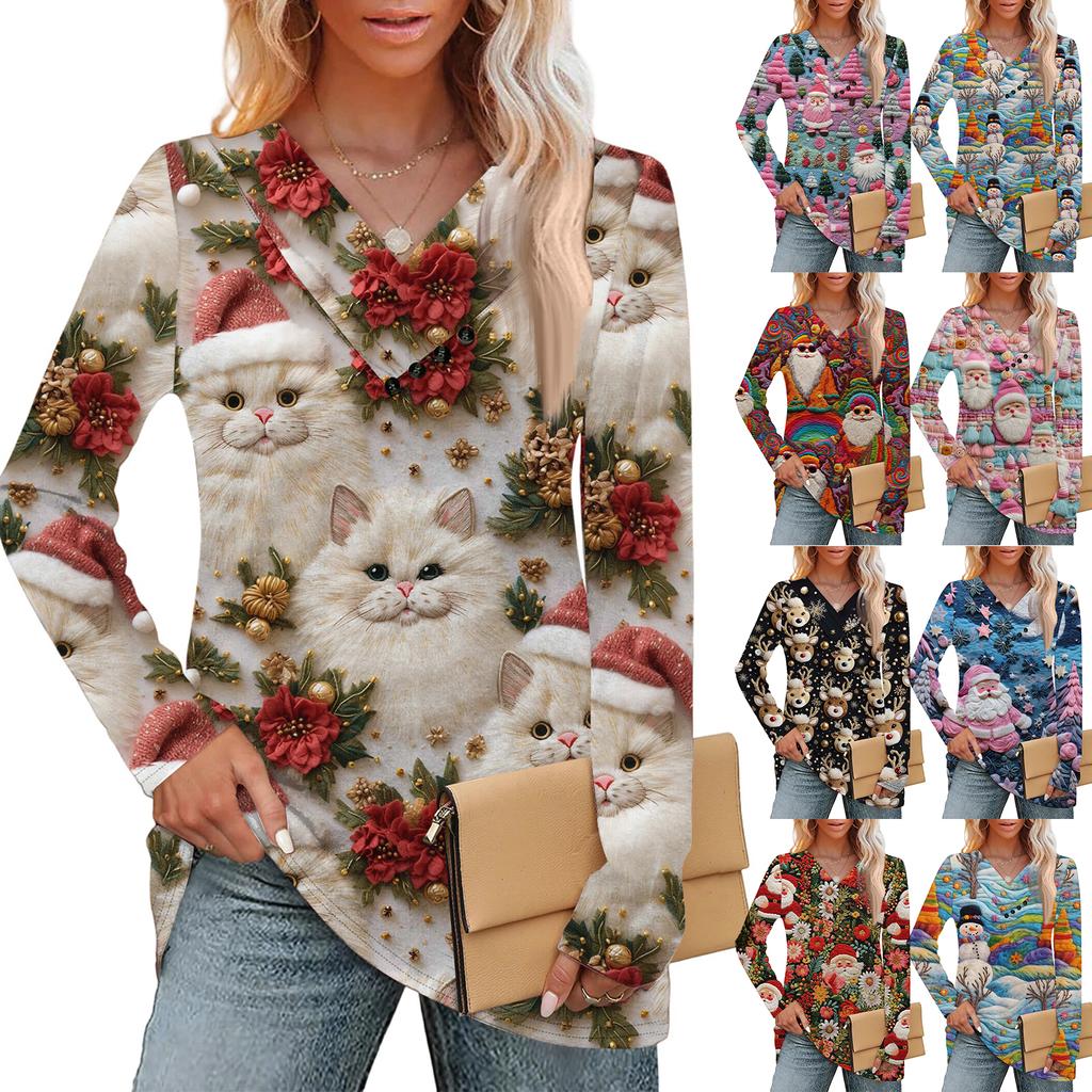 Women's Fashion Casual V-neck Pleated Christmas Long Sleeve Top