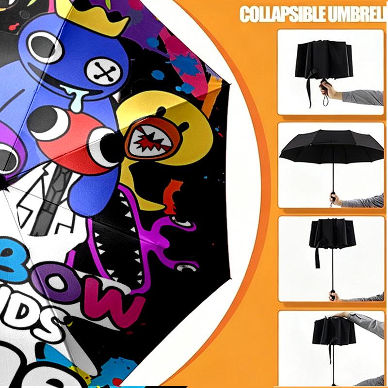Custom Name Personalized Game Rainbow Friends Print Umbrella, Auto Open Close, 8‑Rib Sturdy Frame, Commute Camping Hiking Use, Birthday Gift