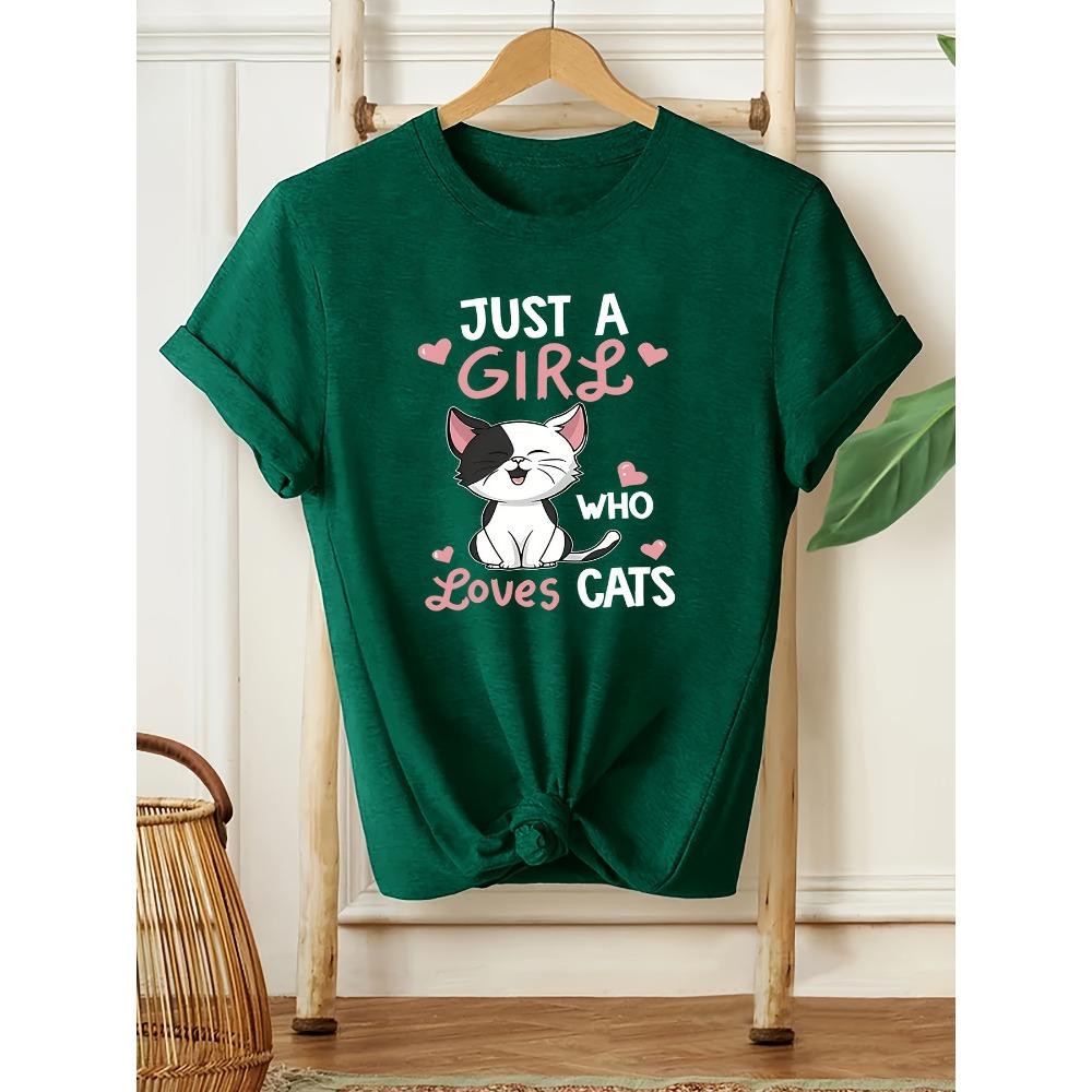 

Women Cotton Short Sleeves T-shirts Just A Girl Who Loves Cats Women s Tee Cute Cartoon Cat Green Top S