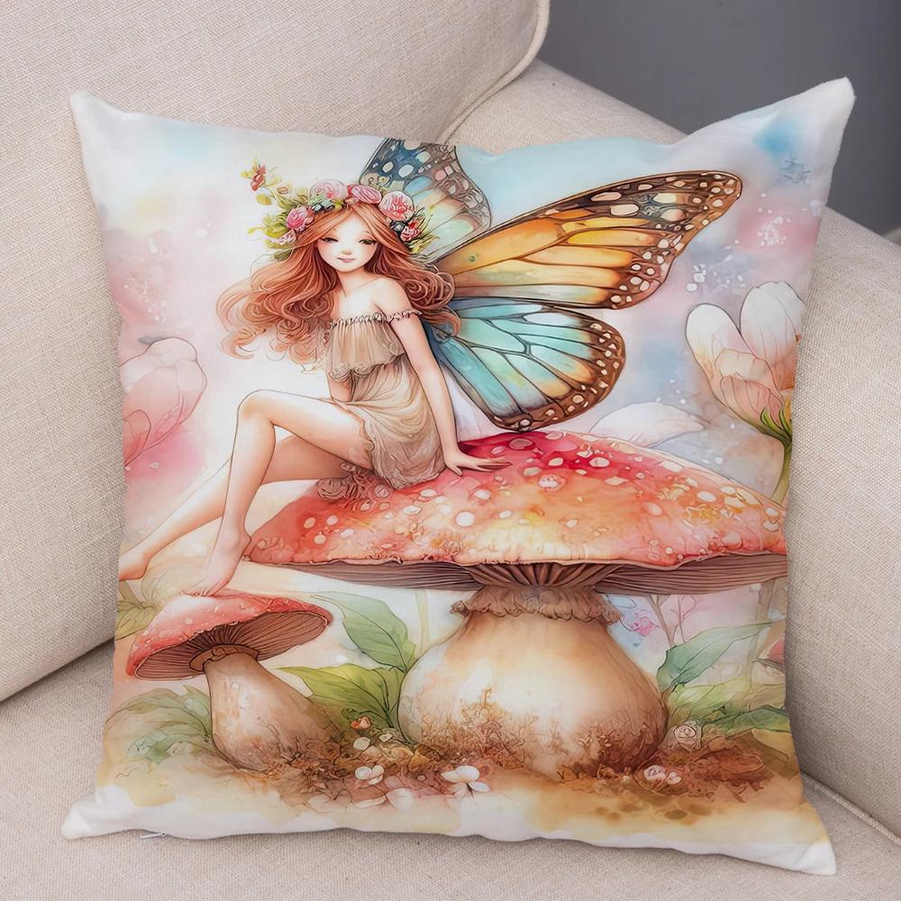 Niedlicher Cartoon Waldmädchen Elfen Kissenbezug Doppelseitig bedruckter Kissenbezug Deko für Sofa Zuhause Superweicher Plüsch Kissenbezug 40x40cm
