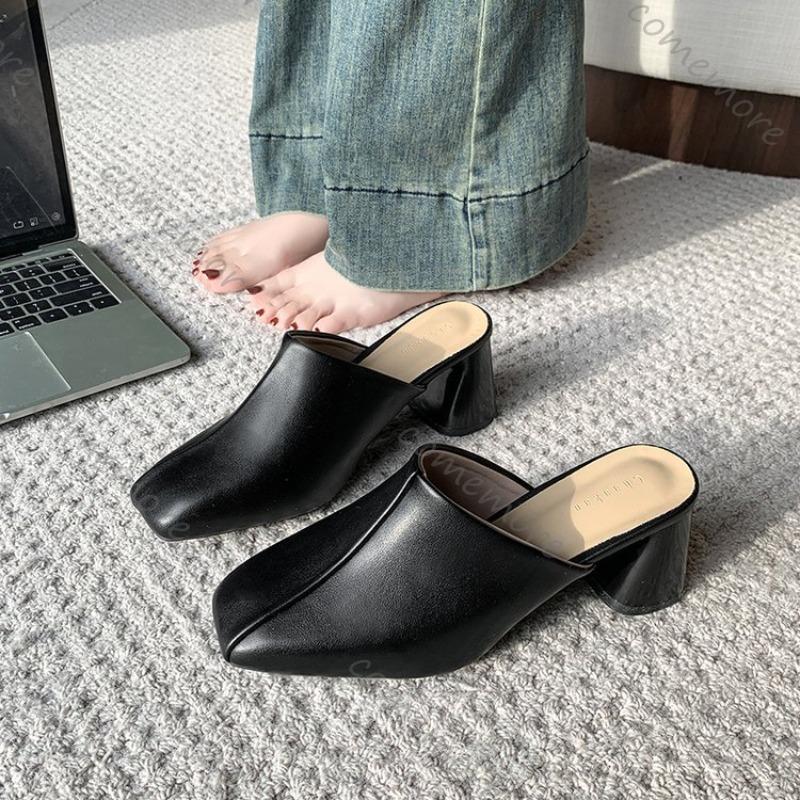 Comemore High Heels Mules Women Slippers Summer Shoes 2025 New Elegant Solid Color Casual Chunky Heeled Baotou Half Slipper
