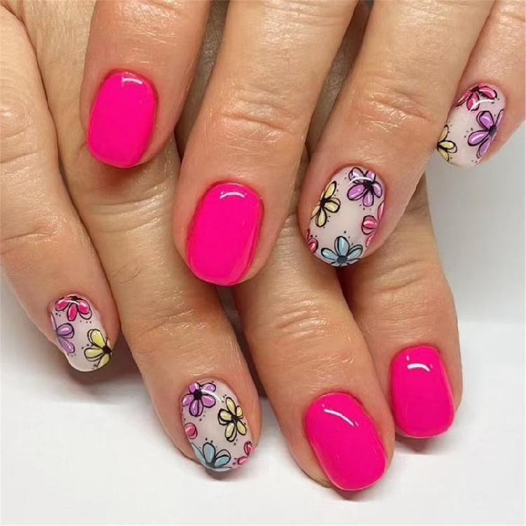

24 Pcs Short Square Stick on Nail Colorful Flowers Full Cover False Nail Solid Color Press On Nail Manicures Supplies 1