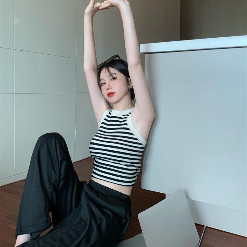 Striped Ice Silk Knitted Vest Women's Summer Slim Short Chic Sleeveless Camisole Outer Top