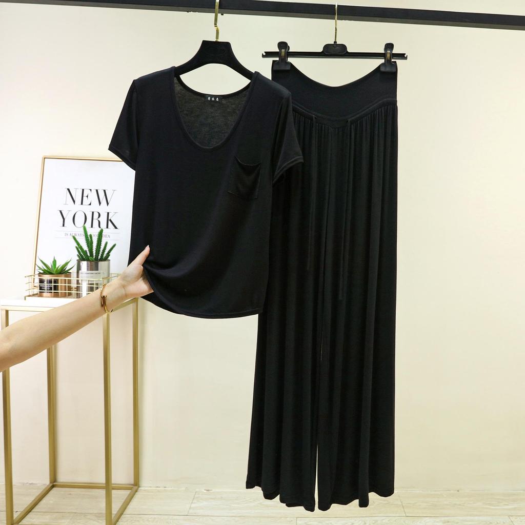 Women's Casual Summer Solid Color Base Layer Set - Round Neck, Short Sleeve, Long Pants