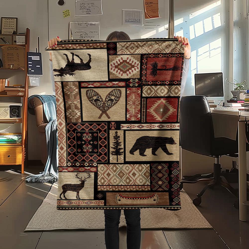 1Pc Cabin Wildlife Print Flannel Blanket, High Quality Comfortable for All Seasons, Home Decor, Warmth and Comfort, Perfect for Gifts