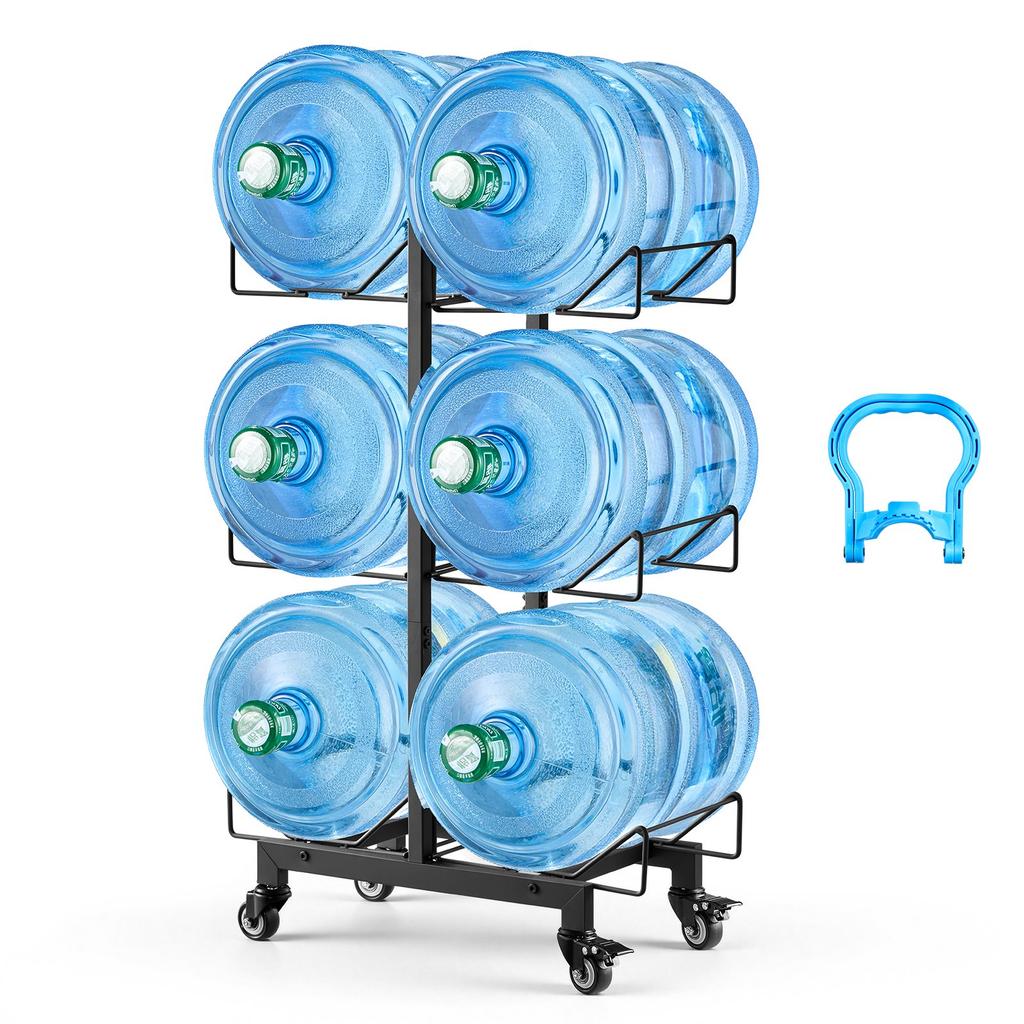 VEVOR Water Jug Holder, 3 Tiers Double Rows 11 L and 19 L Water Bottle Holder for 6 Bottles, Heavy Duty Jug Rack Organizer with Casters and Handles