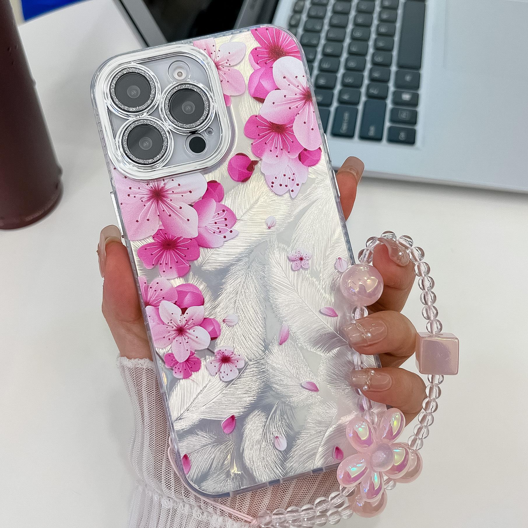 

For Apple 16E Flower Phone Case for IPhone 15 Promax with Bracelet Sparkling Pink Lens Film Hard Case For iPhone13Promax