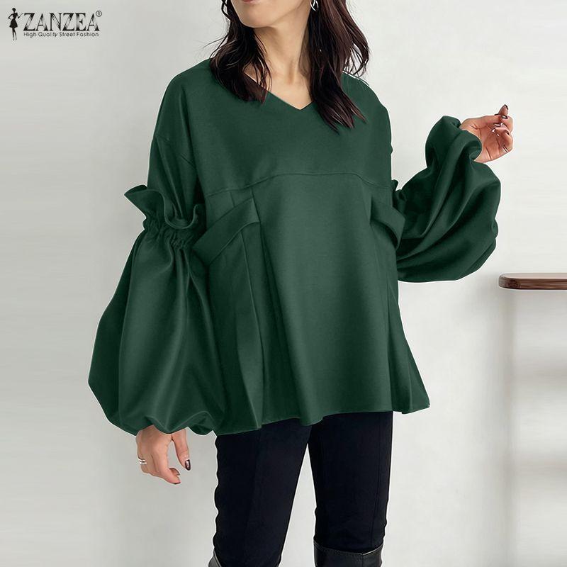 ZANZEA Women Casual V-Neck Puff Long Sleeve Loose Blouse