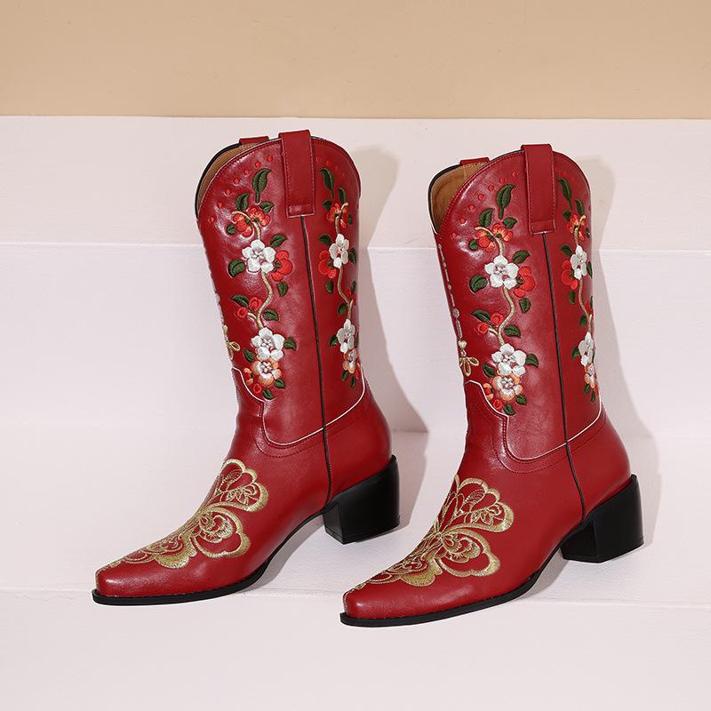 Fashion IPPEUM Cowboy Boots For Women Red Embroidered Size 43 Cowgirl Outfit Shoes Calf High Boots
