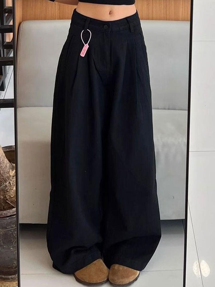 Black Big Yards Loose Jeans Women's Meat Covering Folded Texture Design Sense of Dragging The Ground Wide-legged Straight Trousers Long Denim Pants