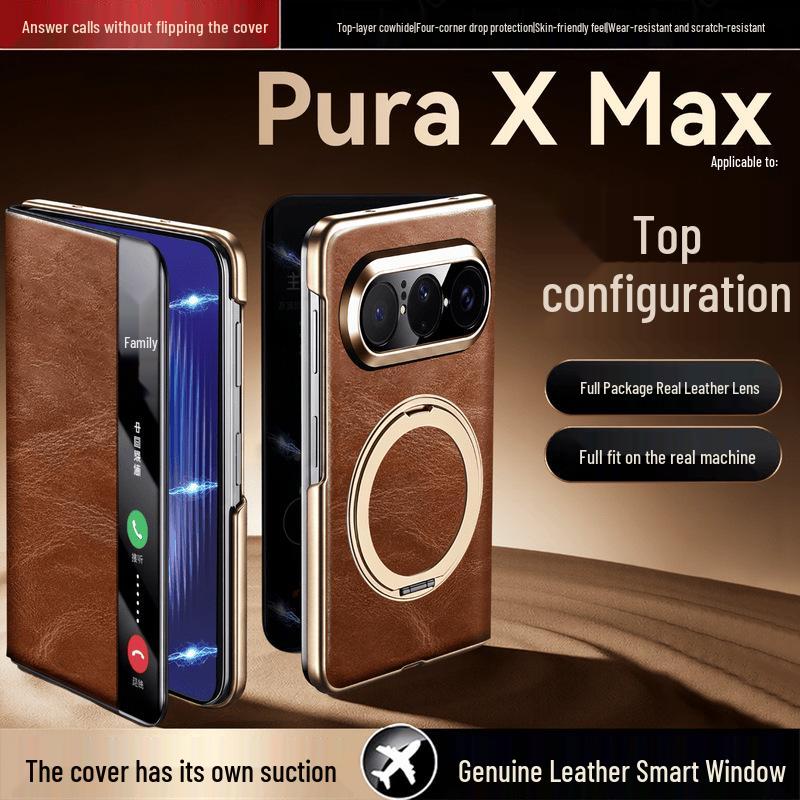 Funda Plegable para Teléfono Huawei Pura X Max de Cuero Genuino con Soporte Giratorio, Protección Magnética a Prueba de Caídas de Cobertura Total