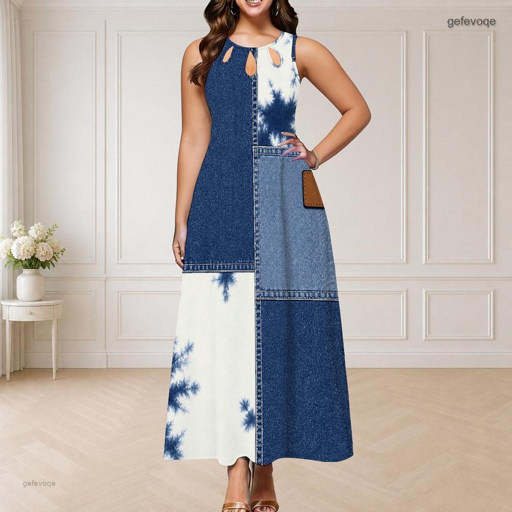 Women Plus Size Round Neck Triple Keyhole Cutout Sleeveless Printed Blue Beige White Long Maxi Dress
