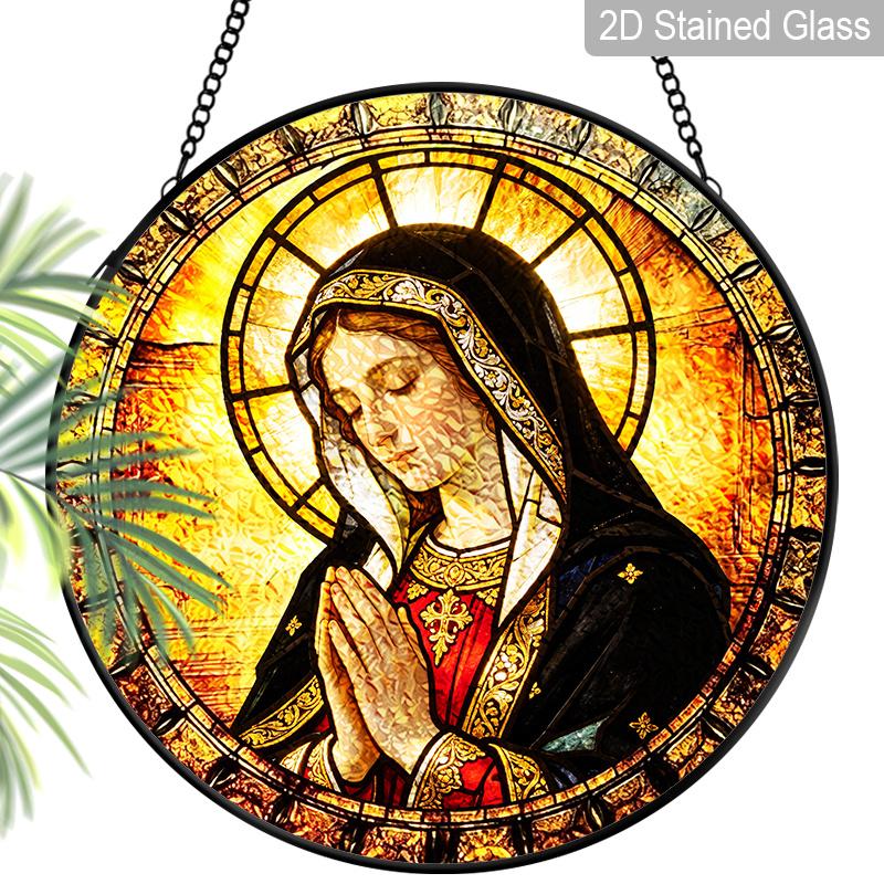 2D Flat Stained Glass The Headscarf Virgin Mary Prays Window Decoration, 7.87inches Colored Glass Plate with Chain, Charming Religious Sun Catcher 7.87inch