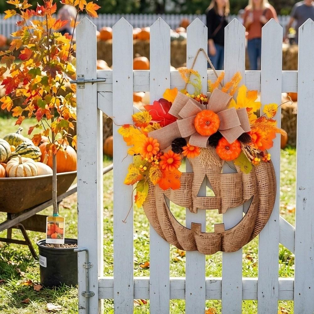 With Bow Halloween Wooden Pumpkin Door Hanger Harvest Maple Leaf Hanging Plaque Autumn Harvest