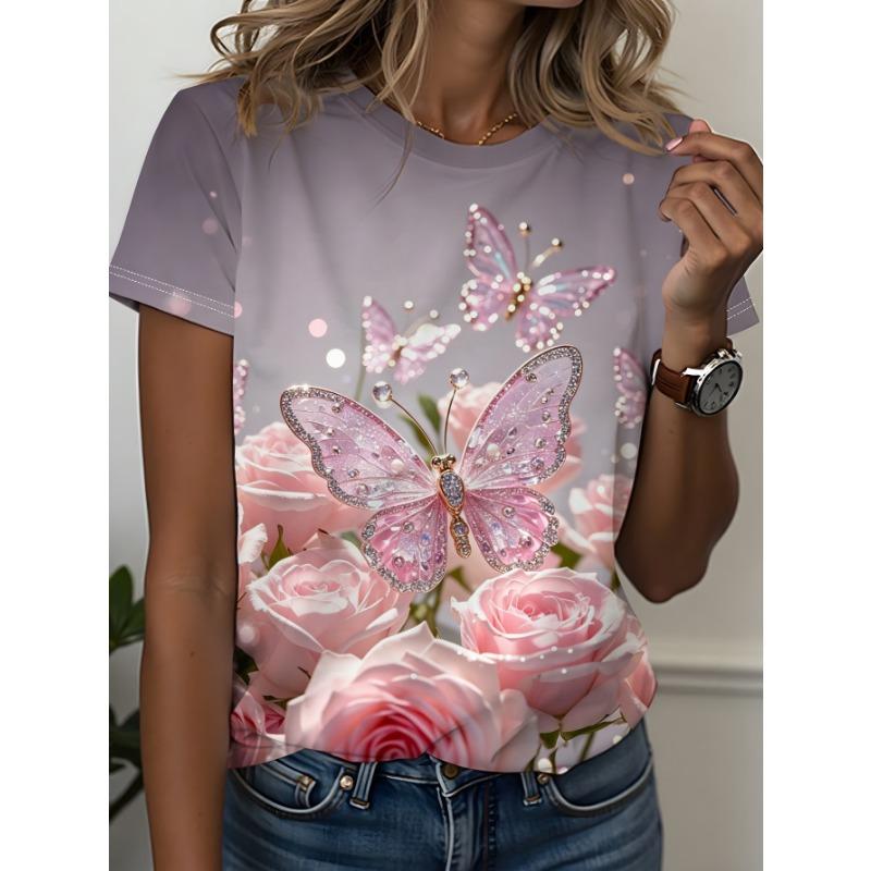 Full printed women s round neck pink butterfly pattern T-shirt, 2XS