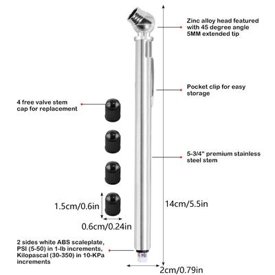 Pencil Tire Pressure Gauge Portable 2 Zinc Alloy Air Pressure Gauge 5-50PSI 0.5-3.5BAR Not Rusting Pen Tire Gauge for Cars Bikes
