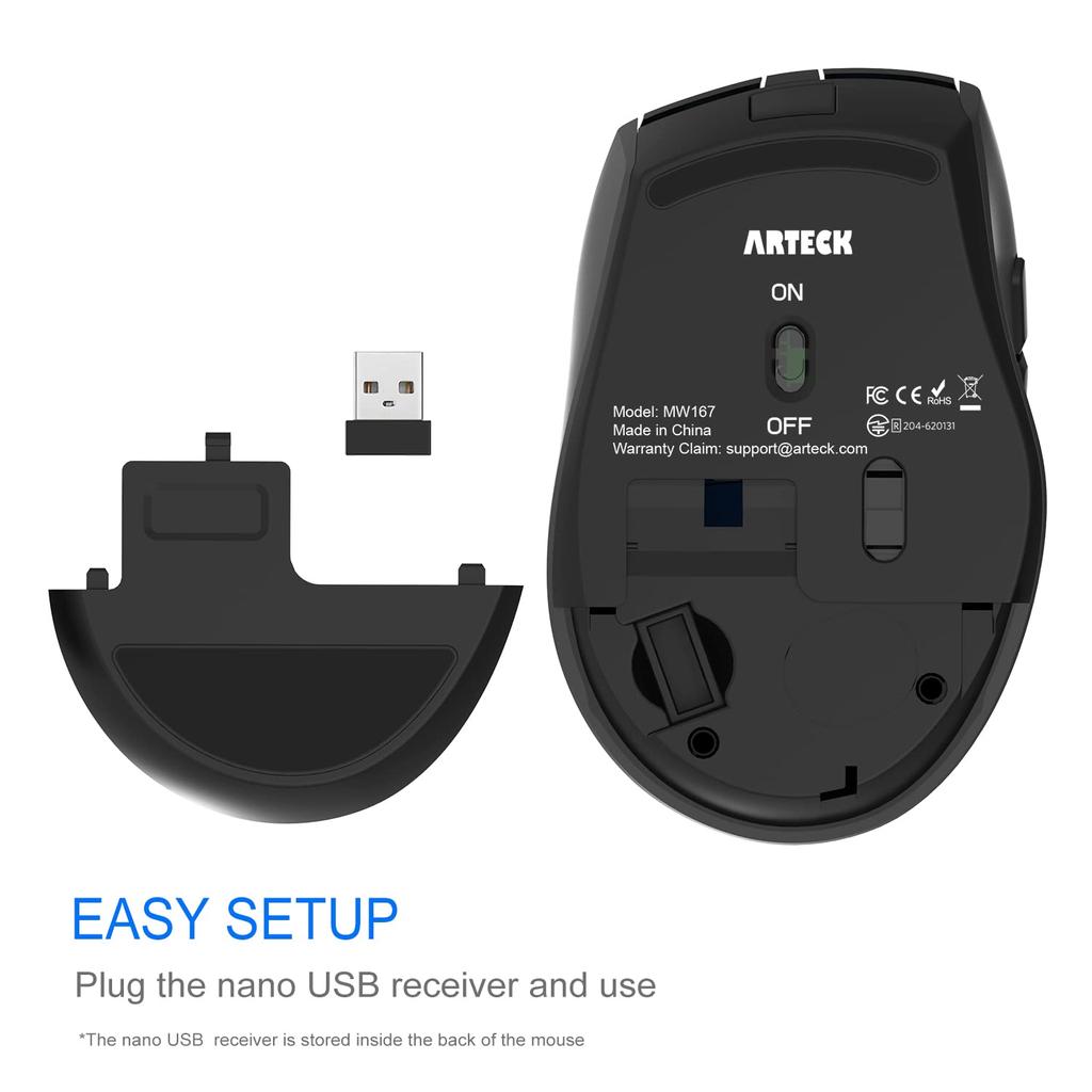 Arteck Wireless Mouse with USB Ergonomic Quiet and Side Compatible with and Windows 2.4G Receiver, Design, Click, Buttons, Computers, Desktops, PCs,