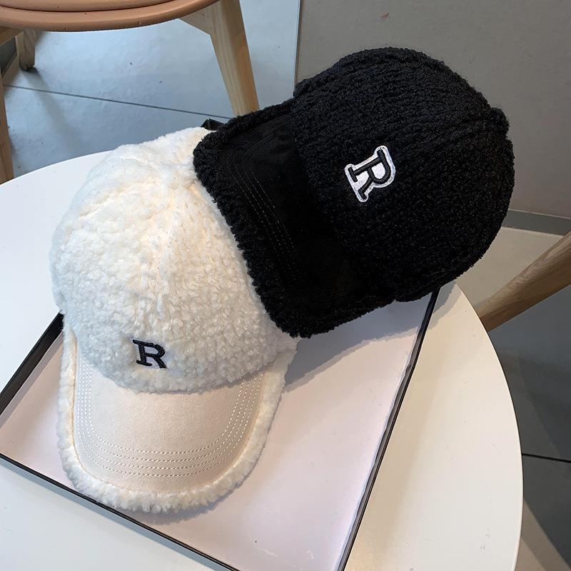 Korean Style Hat for Women In Autumn and Winter R Letter Embroidered Baseball Cap Thickened Plush Warmth Fashionable and Versatile Baseball Cap